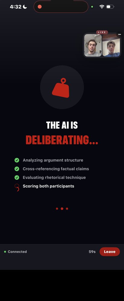 The AI referee deliberating and scoring both participants.